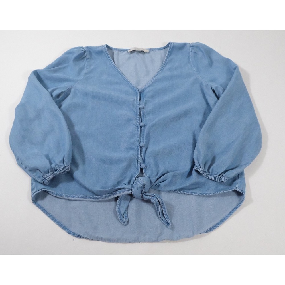 LOFT Blouse Womens SP Blue Chambray Lyocell Tie Front Button V-Neck Top Boho